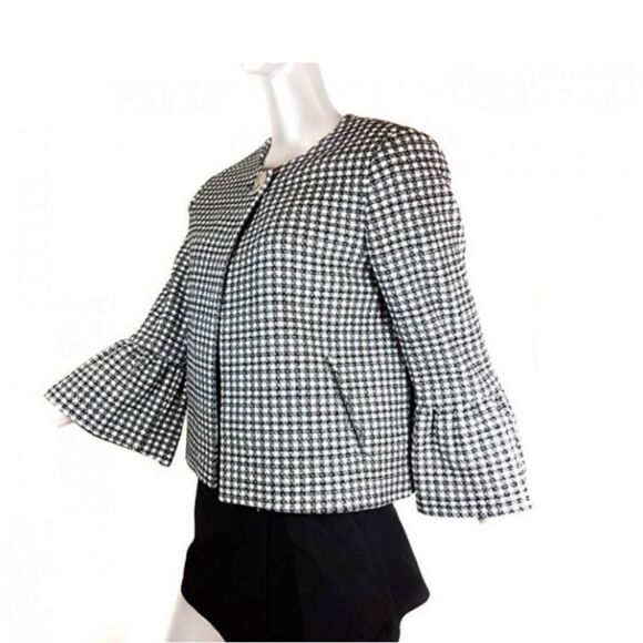 𝅺ZARA tweed plaid check black white bell sleeve jacket Sz M - Picture 9 of 15